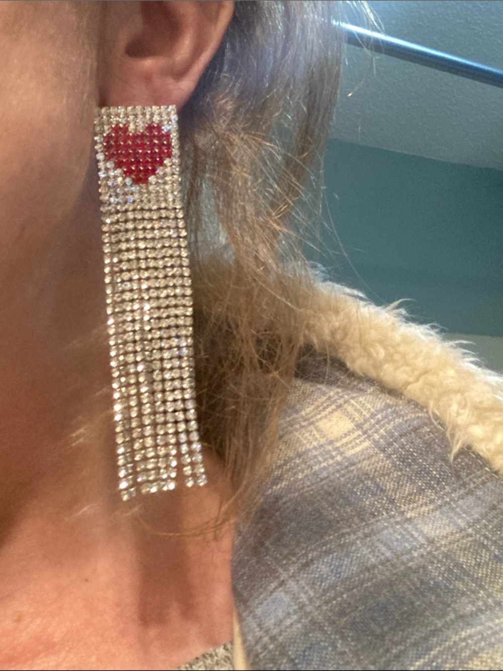 Sexy long faux heart rhinestone earrings silver toned